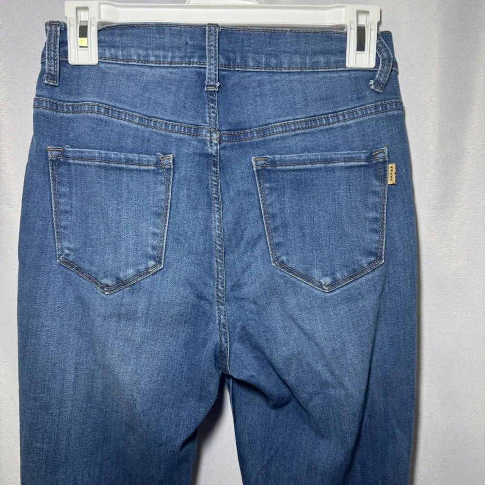 Vibrant MIU Women Blue Distressed High Rise Button Fly Flare Jeans Size 9 W28